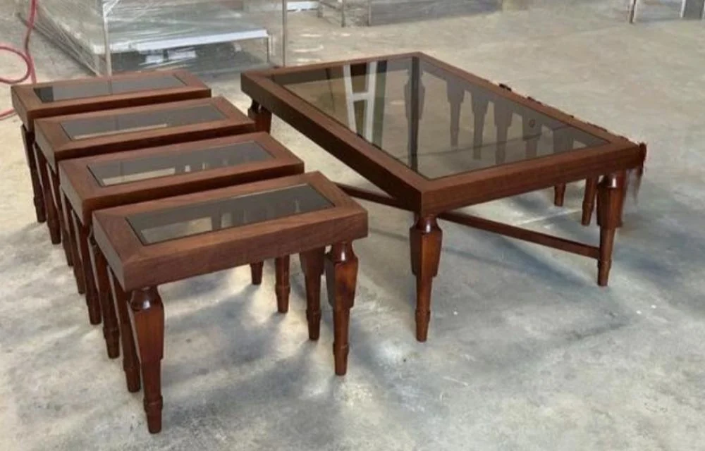 طقم طاولات 5قطع سطح زجاج بني تفصيل