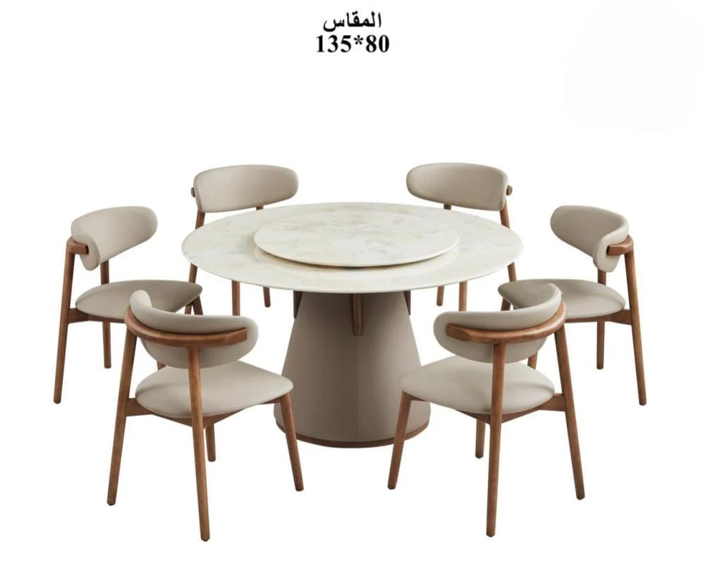 طاولة طعام رخام دائري فاخرة 6 كرسي لون بيج : - الصورة 3