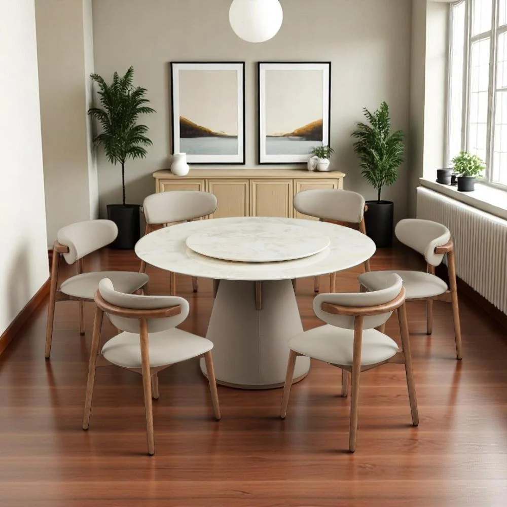 طاولة طعام رخام دائري فاخرة 6 كرسي لون بيج :