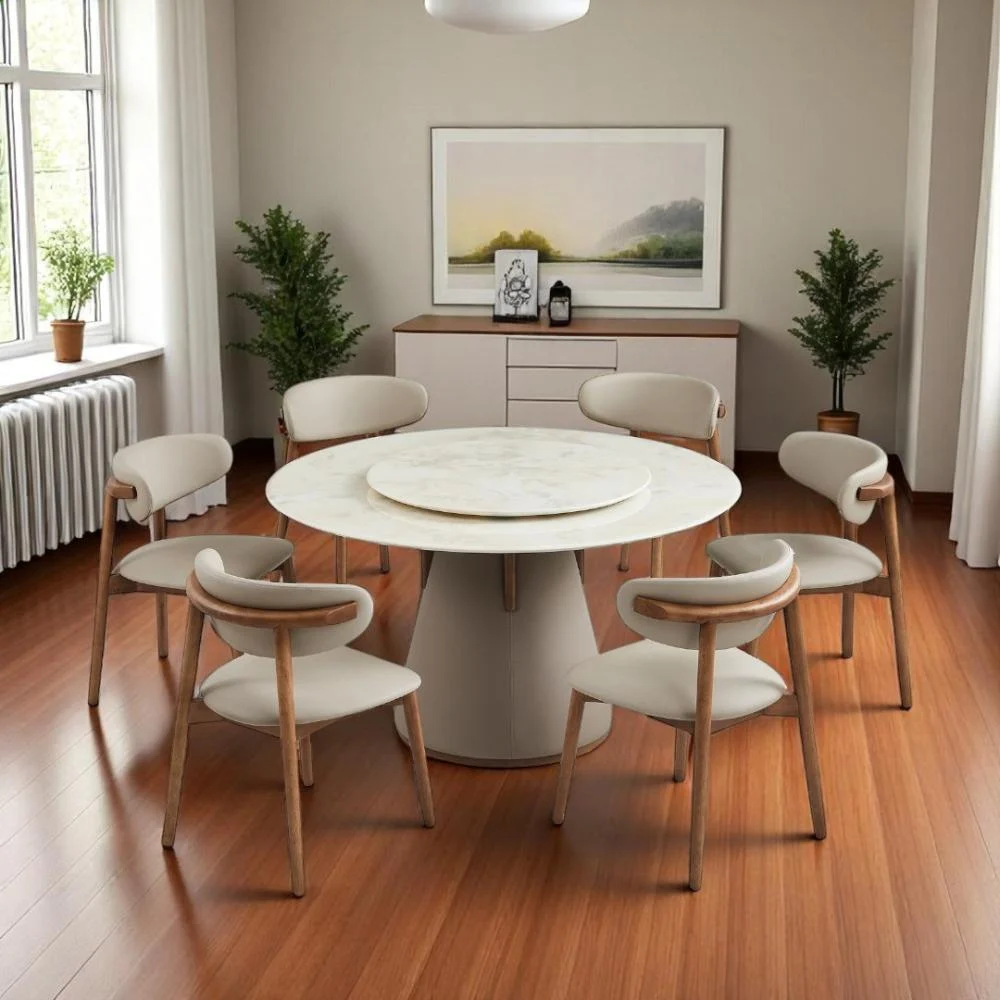 طاولة طعام رخام دائري فاخرة 6 كرسي لون بيج : - الصورة 2