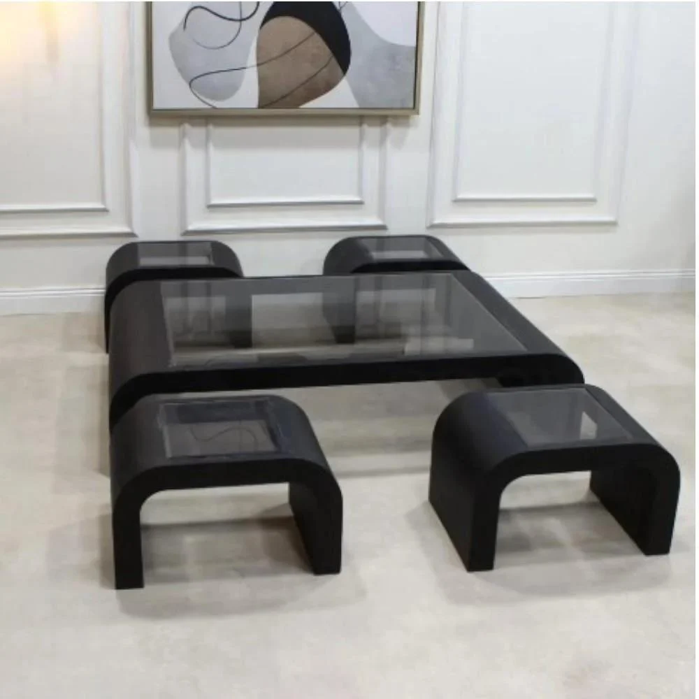 طقم طاولة مع 4 خدمة بسطح خشبي وقاعدة خشبية بتصميم مخروطي - الصورة 3